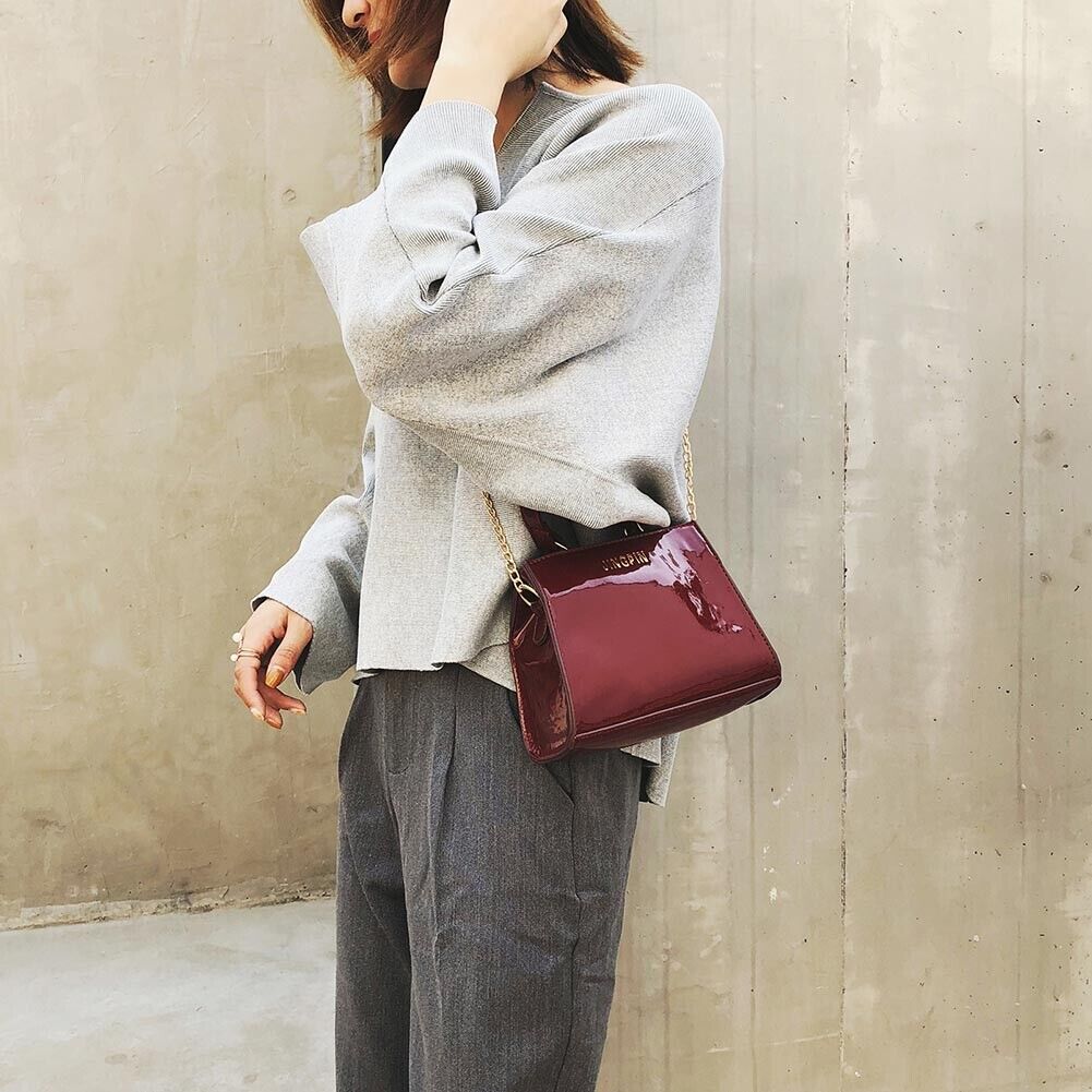 Fashion Women Crossbody Bag Patent Handbag Chain Shoulder Bags Gift (Red)-2