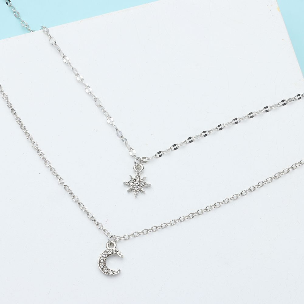 Double Chain Star Moon Necklace Sparkling Charm Clavicle Chain Pendant Choker