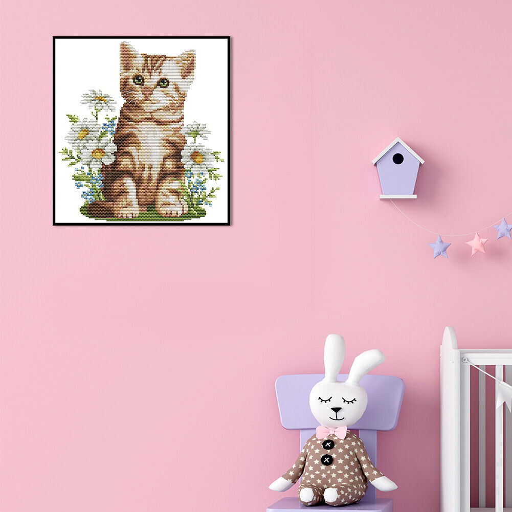 Flower Cat Partial Cross Stitch 14CT Counted Embroidery DIY Animal Crafts
