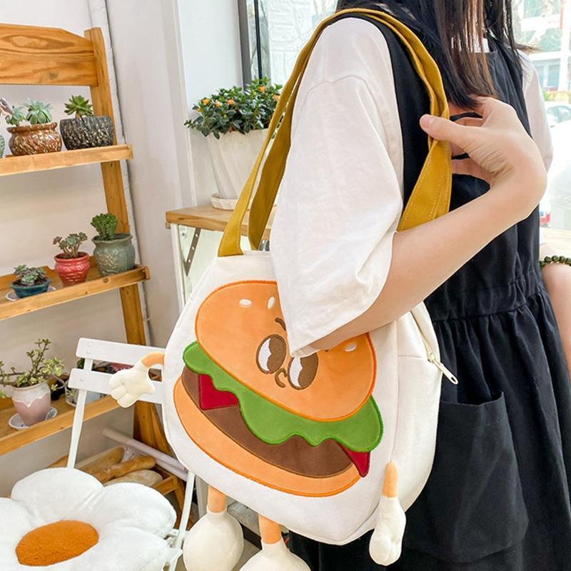Canvas Shoulder Bag with Zipper Wear-Resistant Cute Cartoon Burger Design Bags