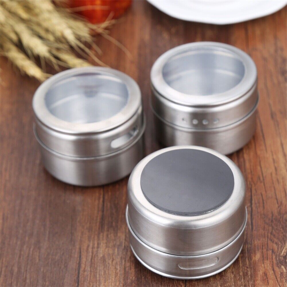 12Pcs/set Magnetic Spice Tins Stainless Storage Container Jars with Clear Lids