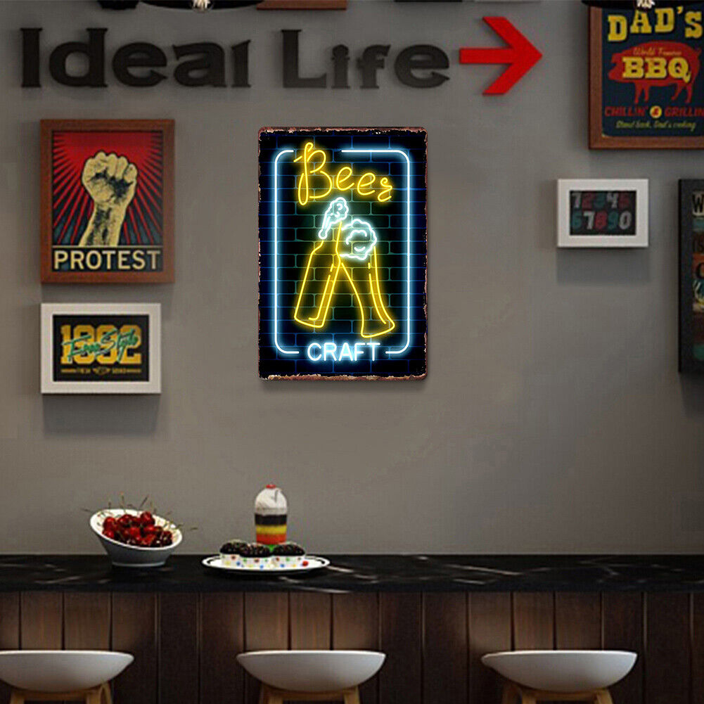 20x30cm Neon Beer Print Rectangular Metal Waterproof Tin Drawing Flat Style