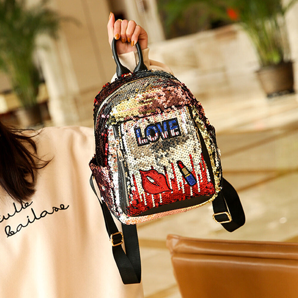 Sequins Backpack Women Girls Casual Preppy Style Lips Shoulder Bag(Red)-192