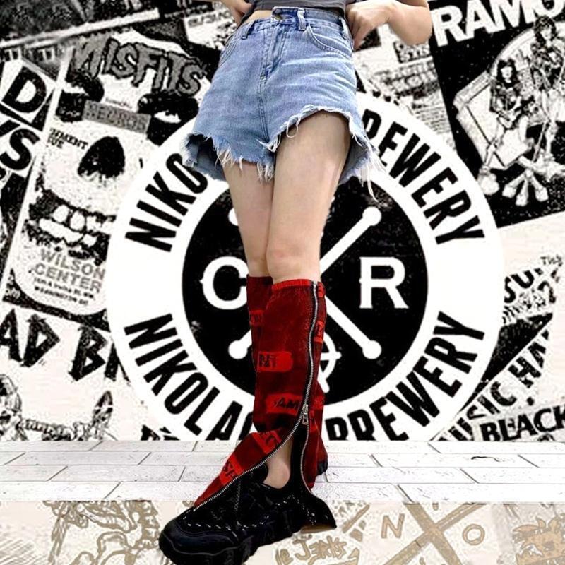 Harajuku Women Red Flared Leg Warmers Punk Letters Side Zipper Foot Cover Socks