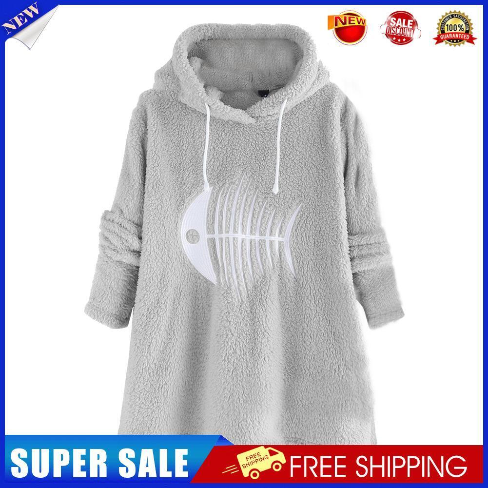 Women Solid Color Pullovers Plush Fishbone Long Sleeve Hoodies (Gray)(XL)