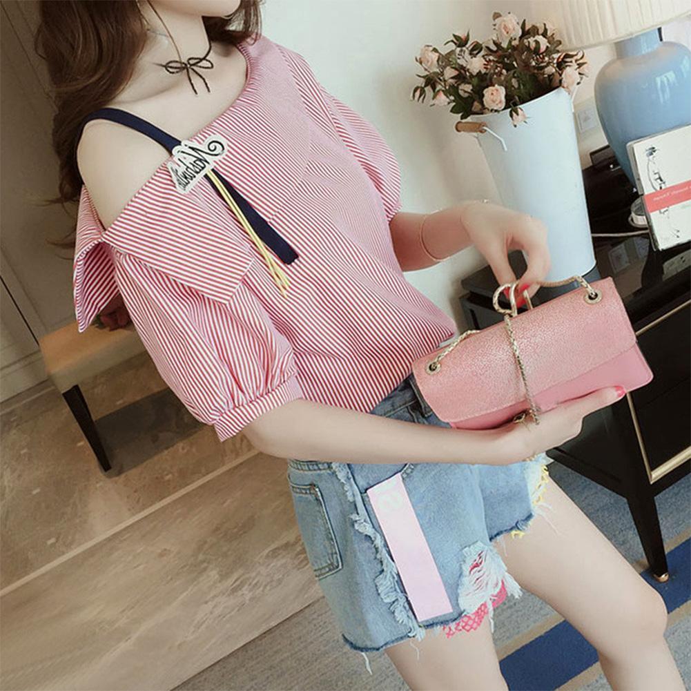 Fashion Women Short Sleeve Stripe Off Shoulder Loose T-Shirts Tops (Pink M)