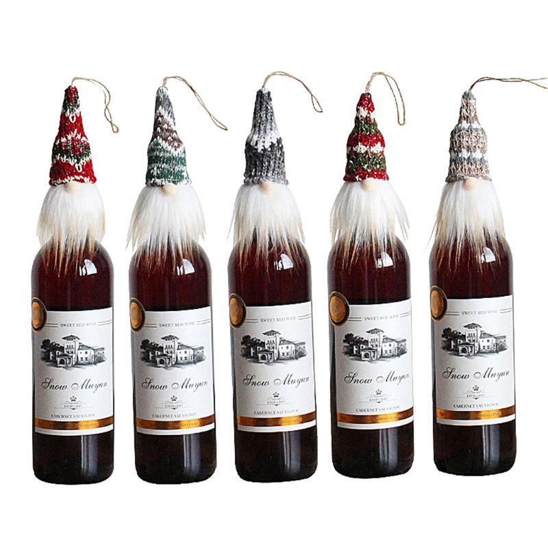 5Pcs Christmas Gnome Wine Bottle Topper Covers Xmas Knitted Hat Hanging Ornament