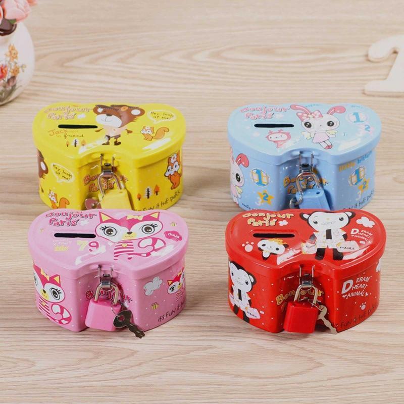 Small Double Heart Piggy Bank Metal Tinplate Coin Storage Box with Lock