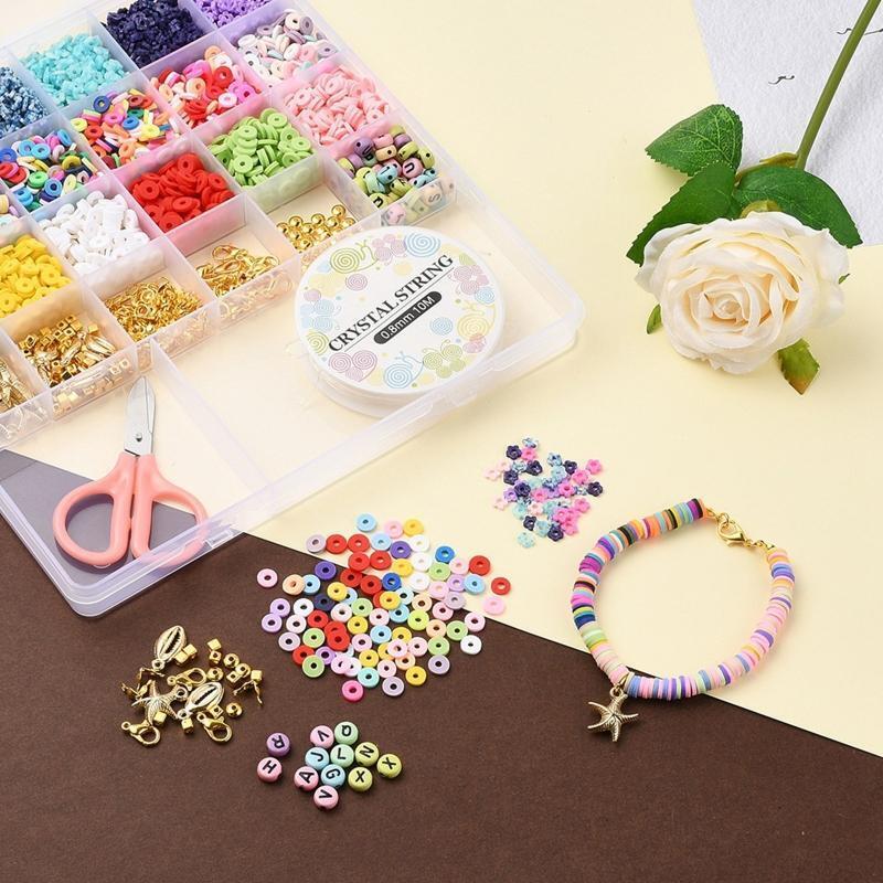 Clay Beads Set Pendant Charms Letter Beads with Storage Box Elastic Strings
