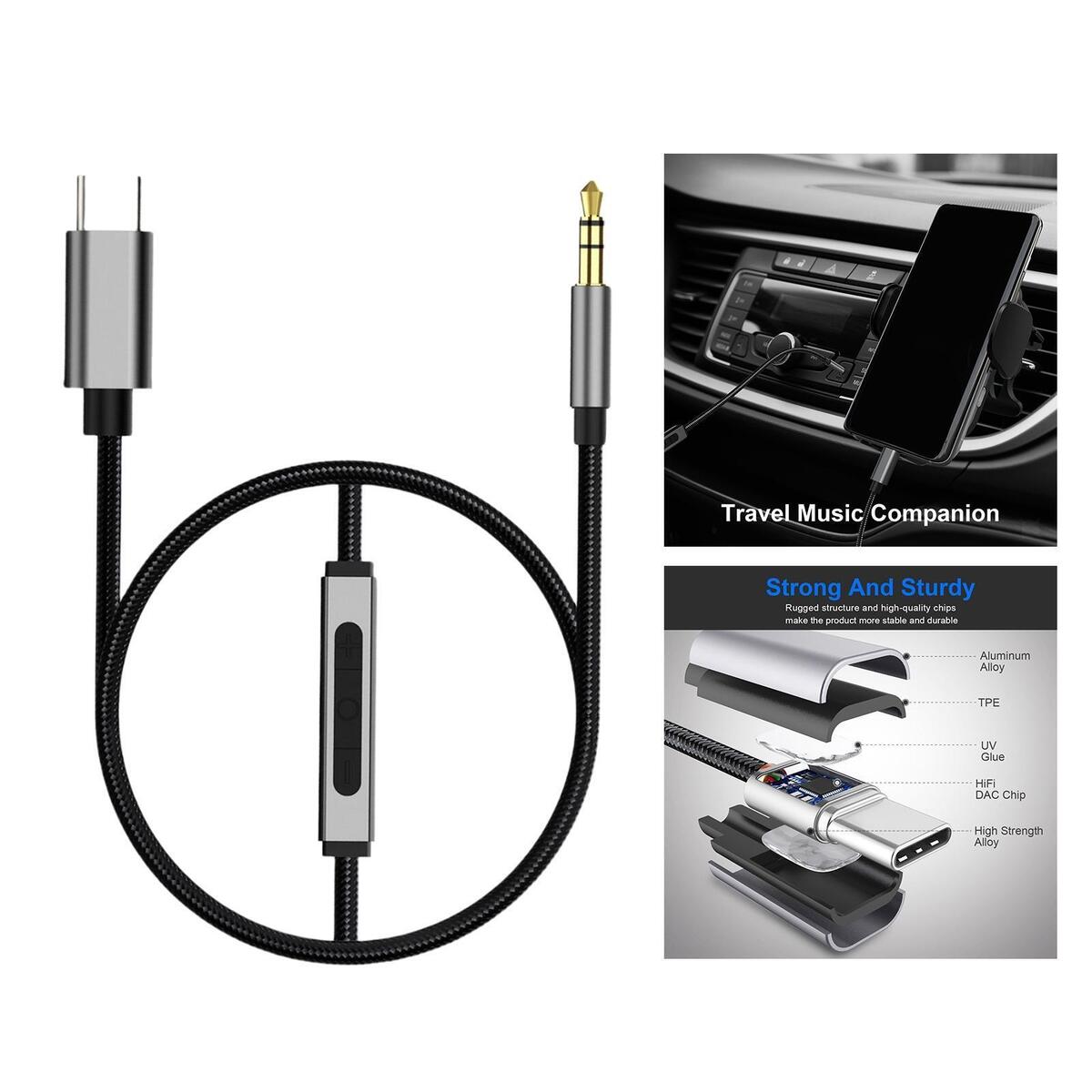 USB C to 3.5mm Audio AUX Cable Dongle Cable Cord HiFi Sound DAC Chip for Car