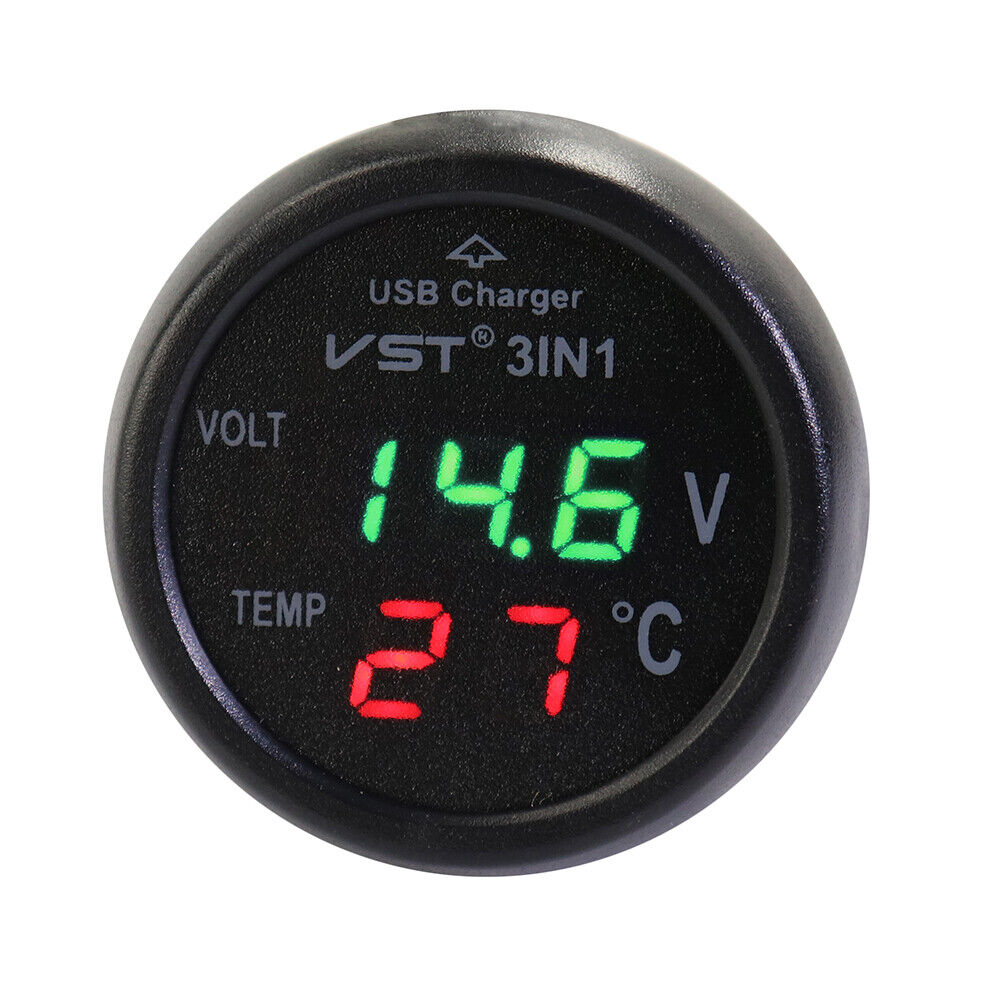 VST B7006 Car USB Phone Charger Car Battery Voltage Temp Meter (Green+Red)