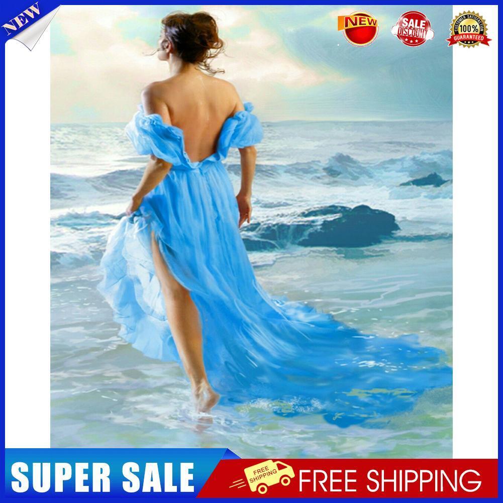 DIY Printed Seaside Girl Cross Stitch Kit Full Embroidery Canvas Home Decor
