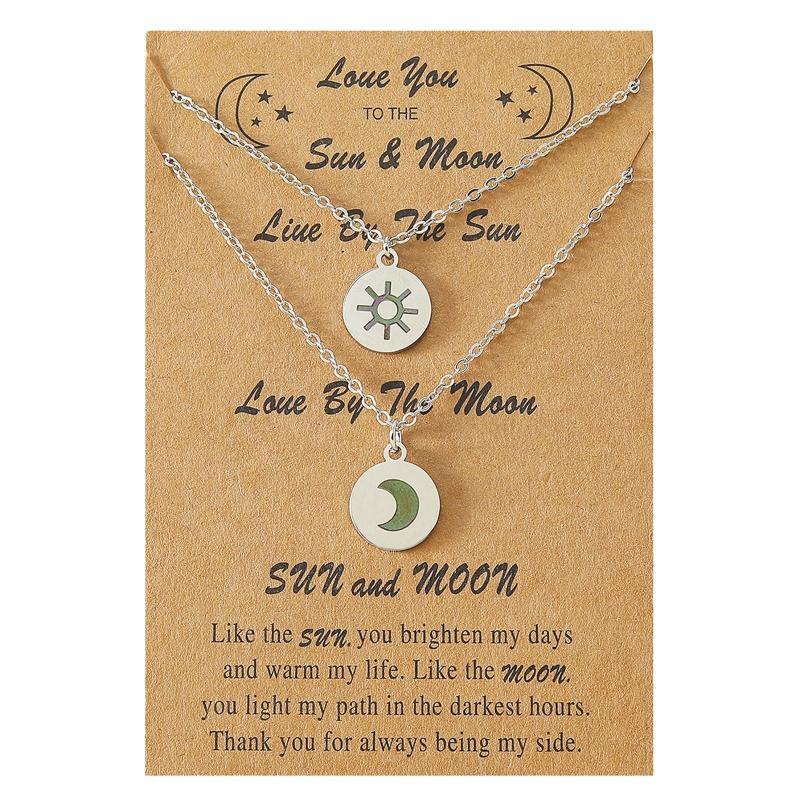 2Pcs Creative Sun Moon Pendant Card Necklace Stainless Steel Women Necklace