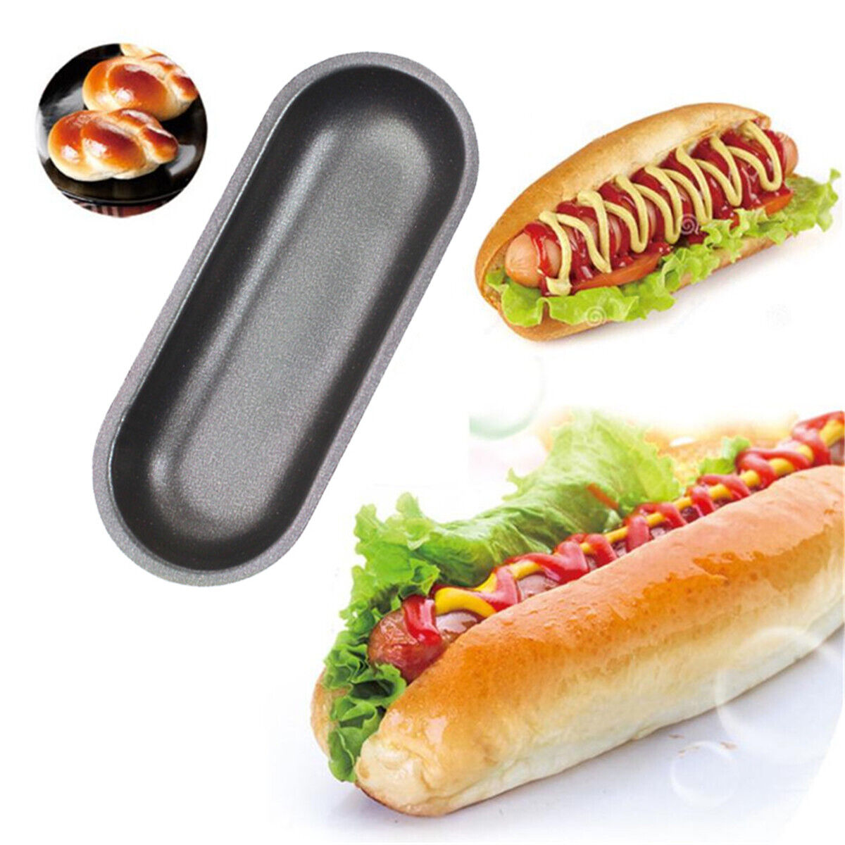 Non Stick Hot Dog Bun Pan Steel Bakeware Oval Cake Mold Hotdog Bread Maker Mould