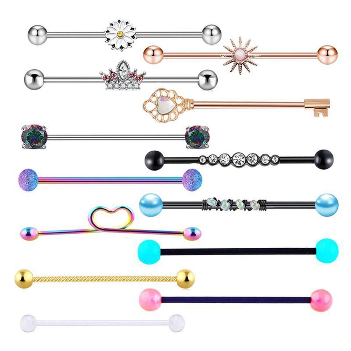 13Pcs 14 Gauge Industrial Barbell Earrings for Women Men Rhinestone 38mm 1&1/2