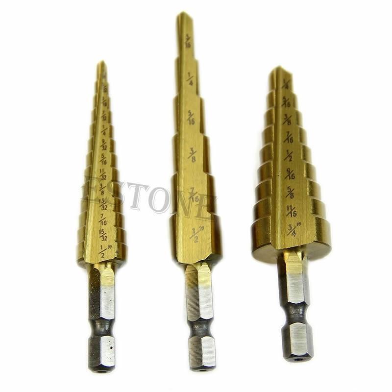 Portable 3Pcs Steel Titanium Coated Step Drill Bit Quick-change 1/4" Hex Shank