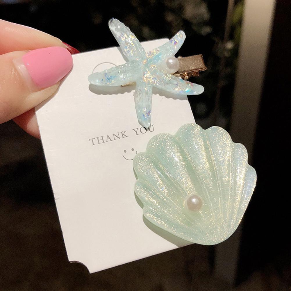 2pcs/set Korean Sea Star Shell Hairpins Women Irregular Hair Clips (Green)