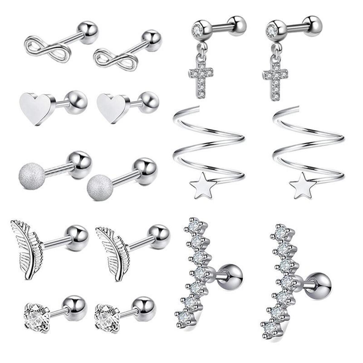16 Pieces Stainless Steel Earrings Set for Women Men Earring Hoops Feather