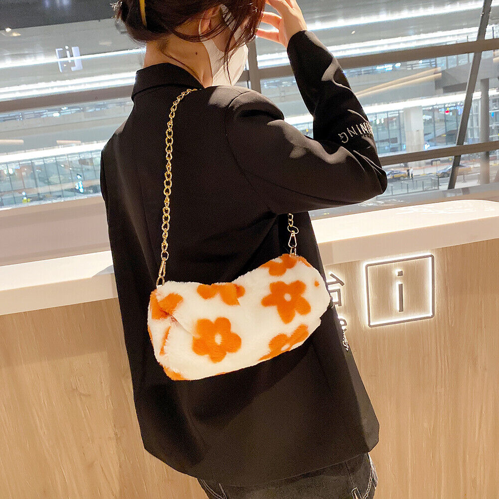 Cute Flower Cylinder Shoulder Bag Women Winter Chain Plush Purse (Orange)