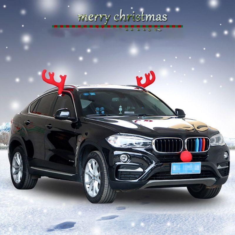 Cute Rudolph Car Costume Christmas Reindeer Antlers Red Nose for Truck SUV Decor