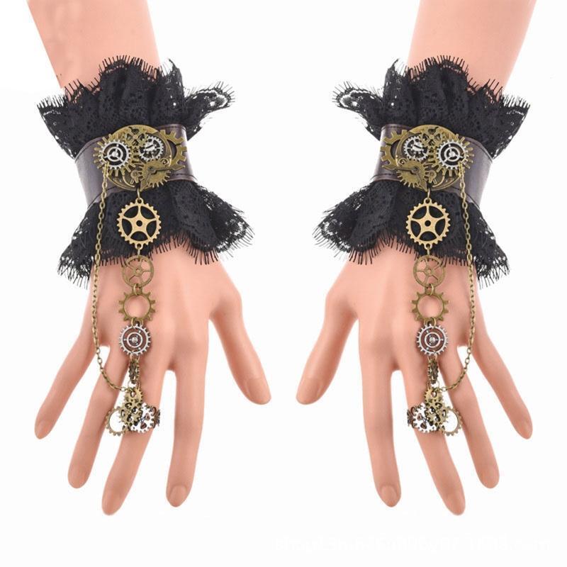 1 Pair Victorian Lace Cuffs with Ring Steampunk Gears Lace Wrist Cuff Bracelet