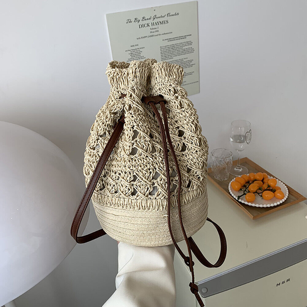 Straw Women Hand-Woven Rattan Bucket Tote Drawstring Shoulder Bags (Beige)