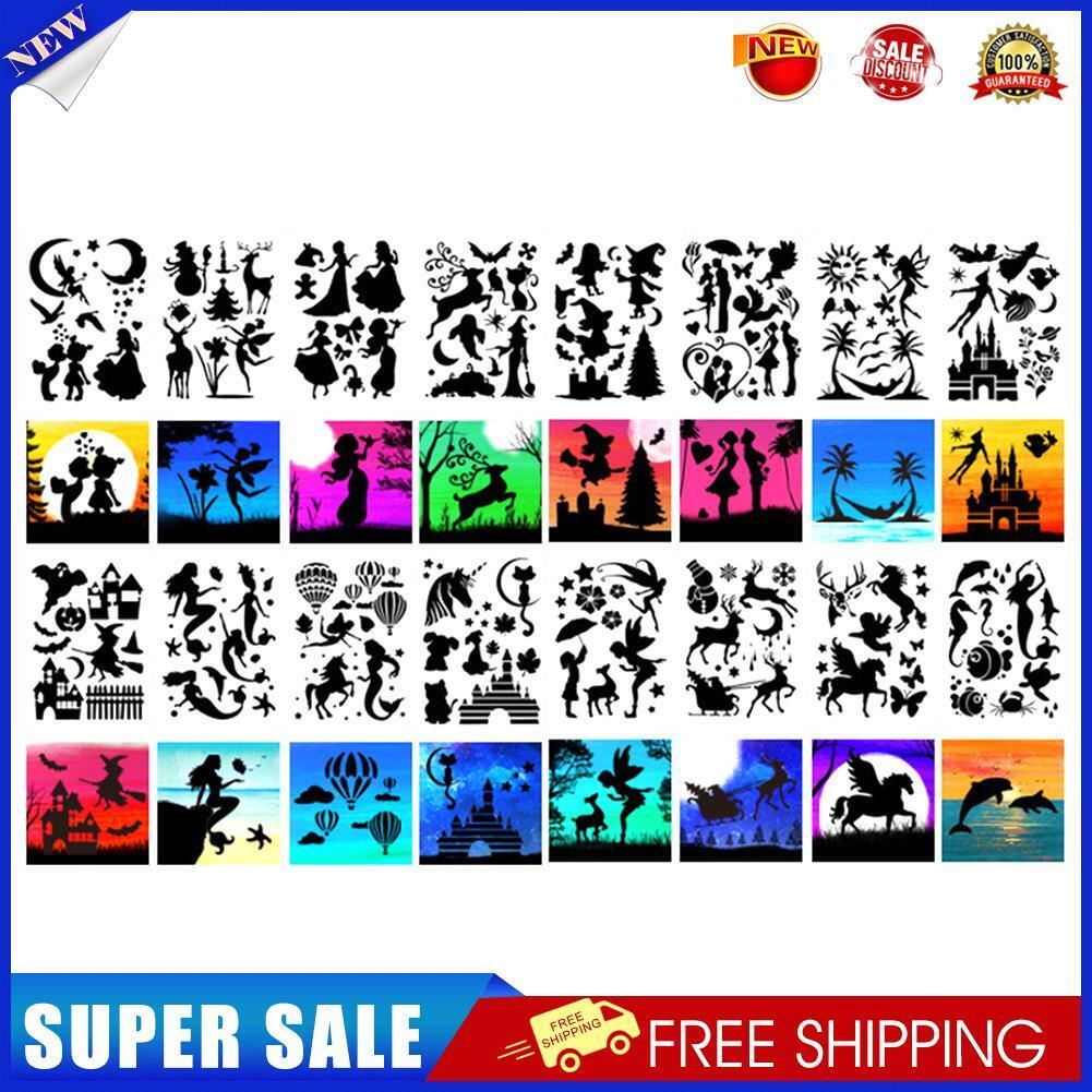 16 Sheets Plastic Art Painting Stencils Set Hollow Color Filling Template