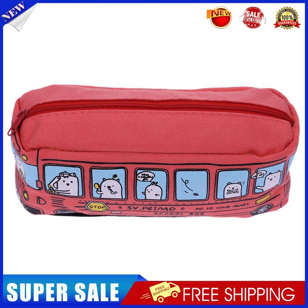 Animal Bus Canvas Pencil Bag Pen Pouch Student Stationery Organizer(Red)
