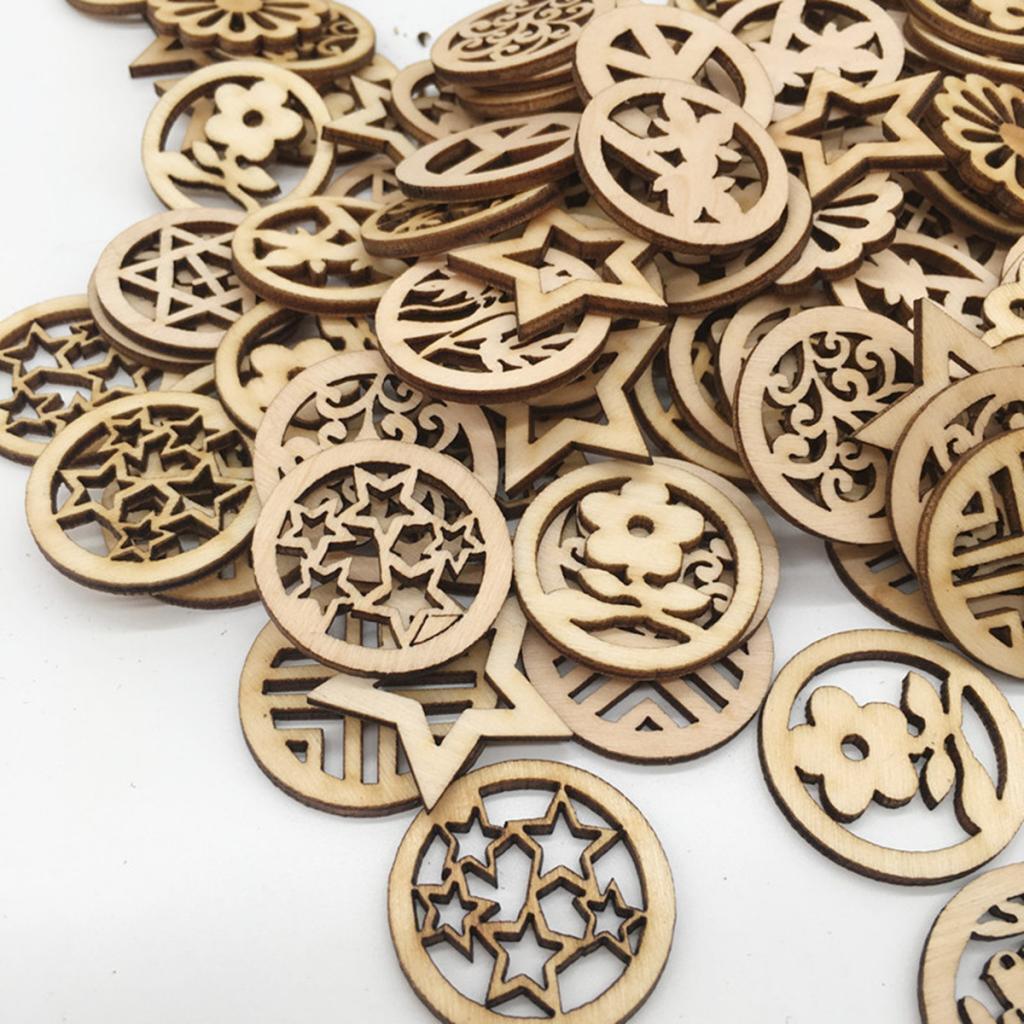 100pcs Mixed Hollow Round Unfinished Wood Pieces Embellishments Arts Crafts