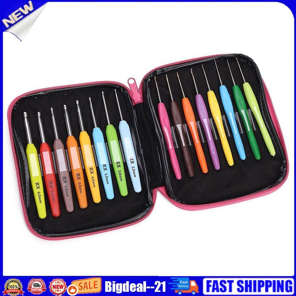 16pcs/set Soft Handle Colorful Aluminium Crochet Hooks Knitting Needles Kit