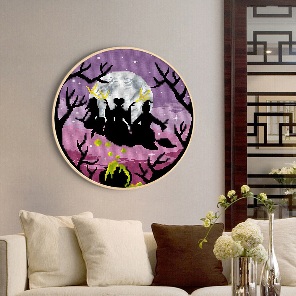 Partial Cross Stitch Witch Moon DIY Embroidery Cotton Thread Home Pictures