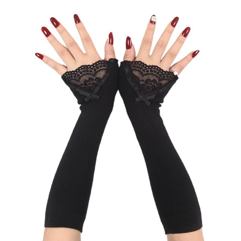 Women Winter Ribbed Knit Arm Warmers Sleeves Lace Bowknot Long Fingerless Gloves