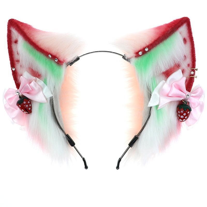 Simulation Animal Strawberry Cat Ears Plush Headband with Bow Gift for Birthday