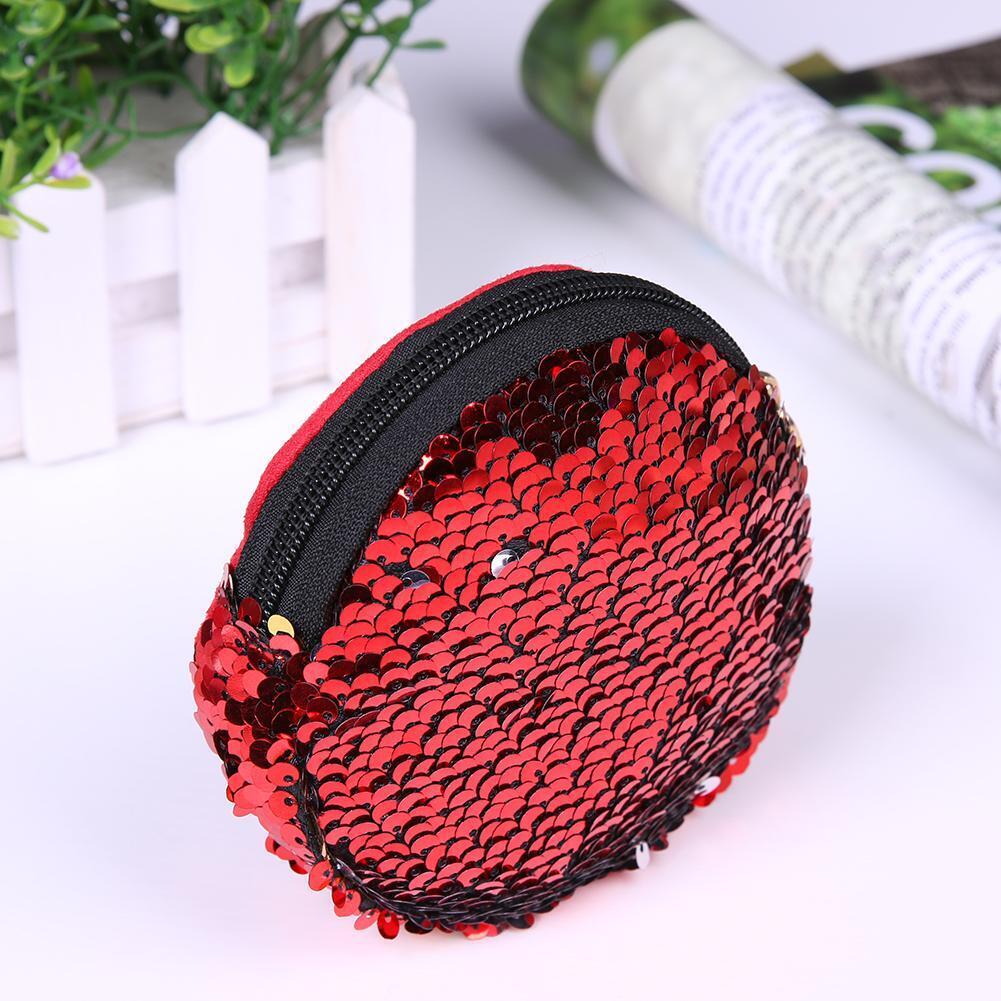 Multi Sequins Coin Wallet Women Change Purse Girls Round Clutch Bags (Red)