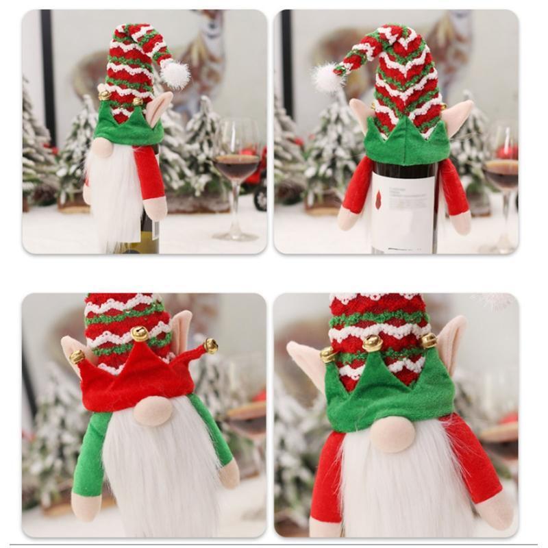 Christmas Wine Bottle Covers Set of 2 Striped Hat Gnome Decoration Accessory