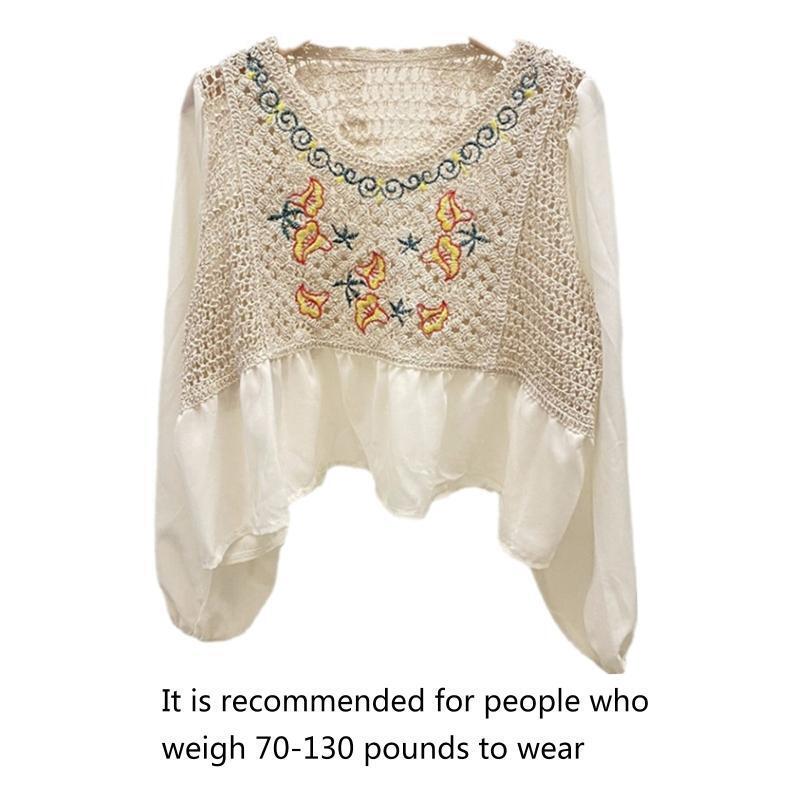 Crochet Floral Peplum Top Women Chiffon Puff Sleeve French Knitted Blouse Shirt