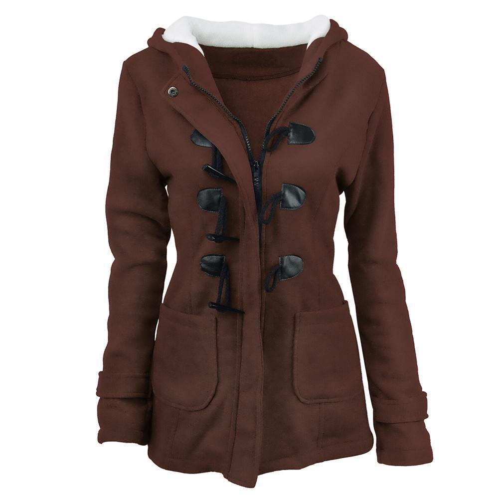 Thicken Solid Hooded Trench Coat Horn Buckle Women Outerwear (Coffee L)