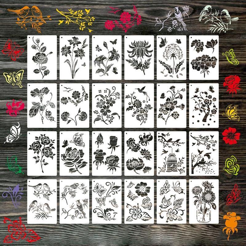 24 Pieces Painting Templates Floral Drawing Stencils Kit for Crafts Scrapbooking