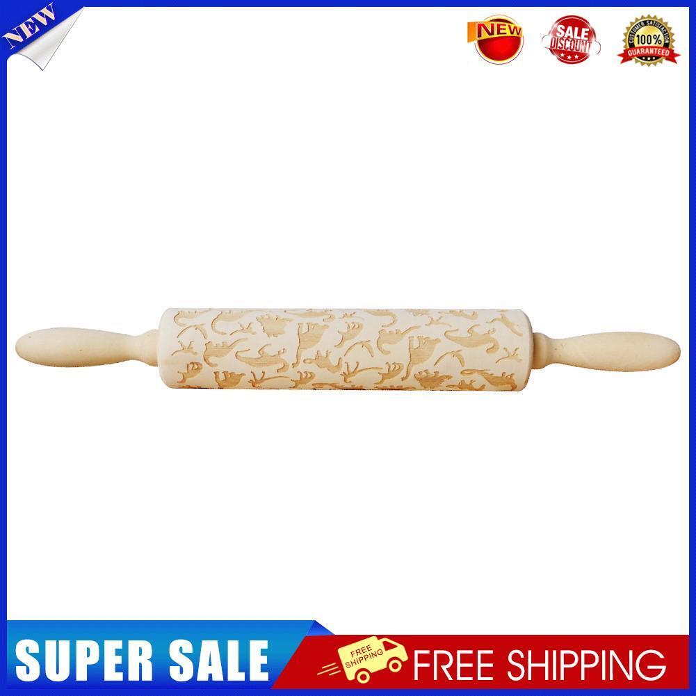 Wood Dinosaur Embossing Engraved Rolling Pin for DIY Baking Cookies Noodle