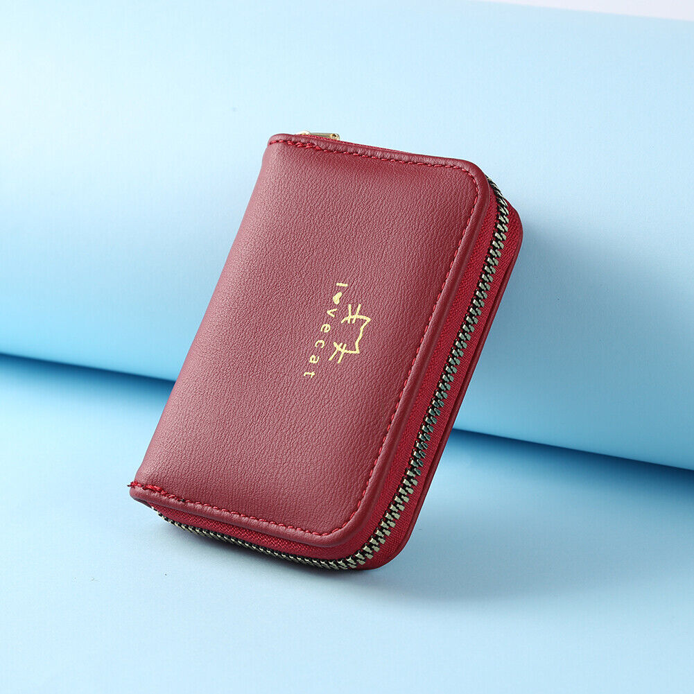 Women Card Holder Cat PU Leather Clutch Wallet Zipper Purse (Wine Red)