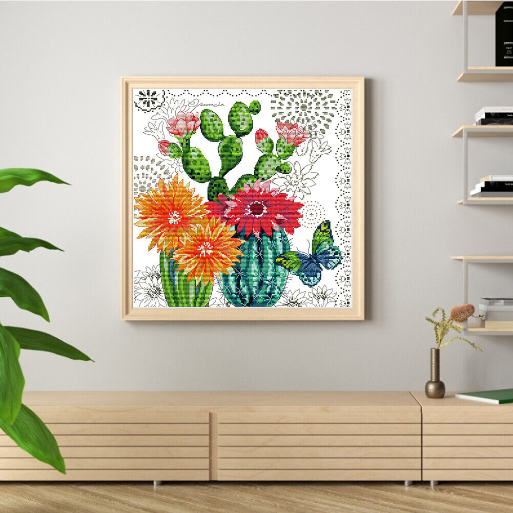 Partial Cross Stitch DIY 14CT Printed Prickly Pear Flower Wall Artwork Kits