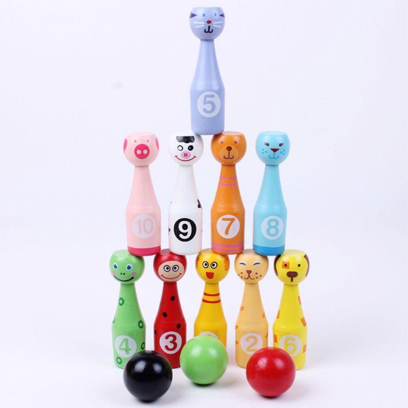 13pcs/set Wooden Bowling Set 10 Pins 3 Ball Animal Bowling Game for Children
