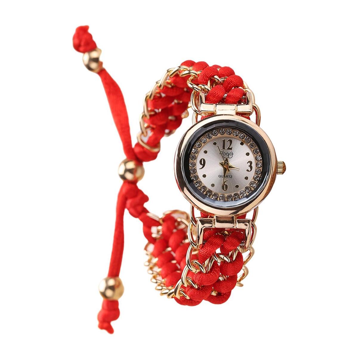 2Pcs Diamond Lady Quartz Watch Women Braided Rope Band Wrist Watch Gifts