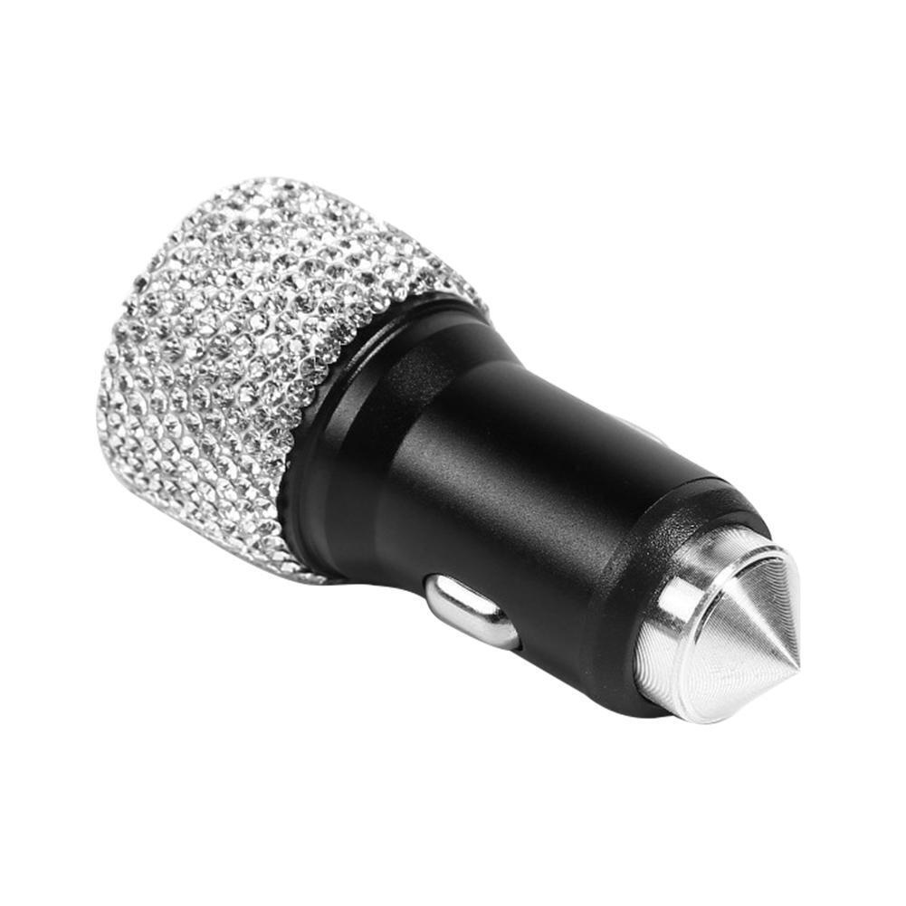 Dual USB Port Fast Charging Car Charger Safety Hammer Diamond Style (White)