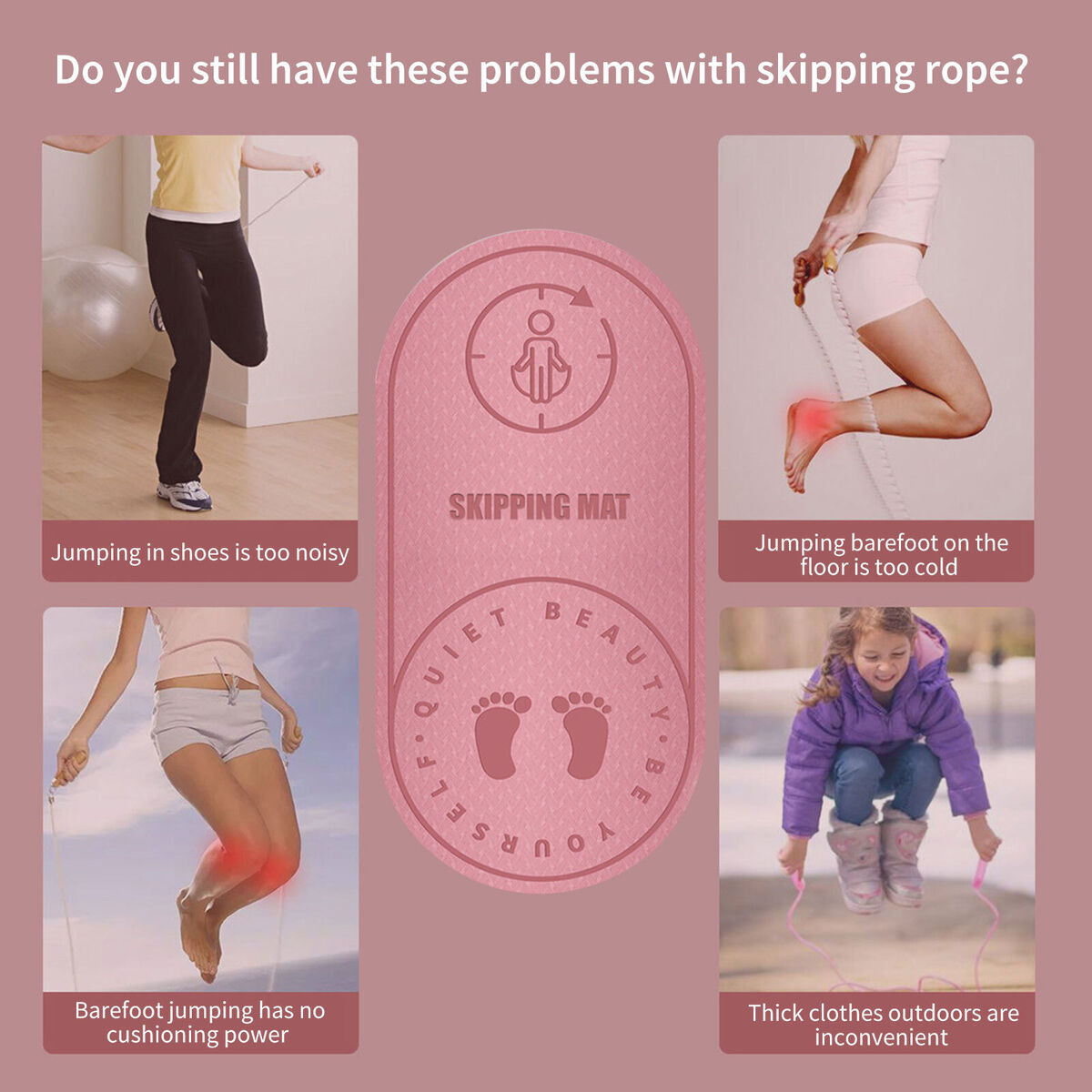 Jump Rope Mat Knees Protection Exercise Pad Mute (Pink 126x59x8cm)