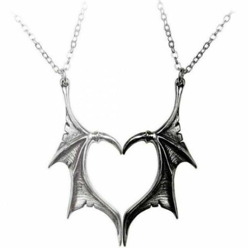 2 Pcs/Set Exquisite Bat Wing Heart Pendant Couple Necklace Jewelry Charms Decor