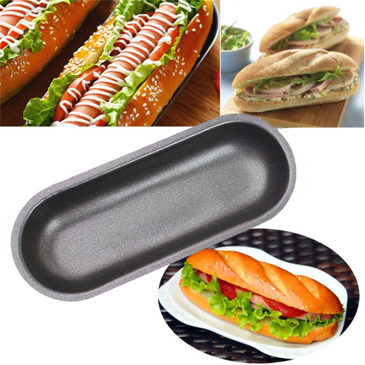Non Stick Hot Dog Bun Pan Steel Bakeware Oval Cake Mold Hotdog Bread Maker Mould