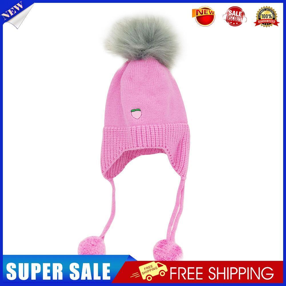 Cute Kids Girls Fruit Print Hat Pompom Beanies Cap Knitted Hats (Rose Red)