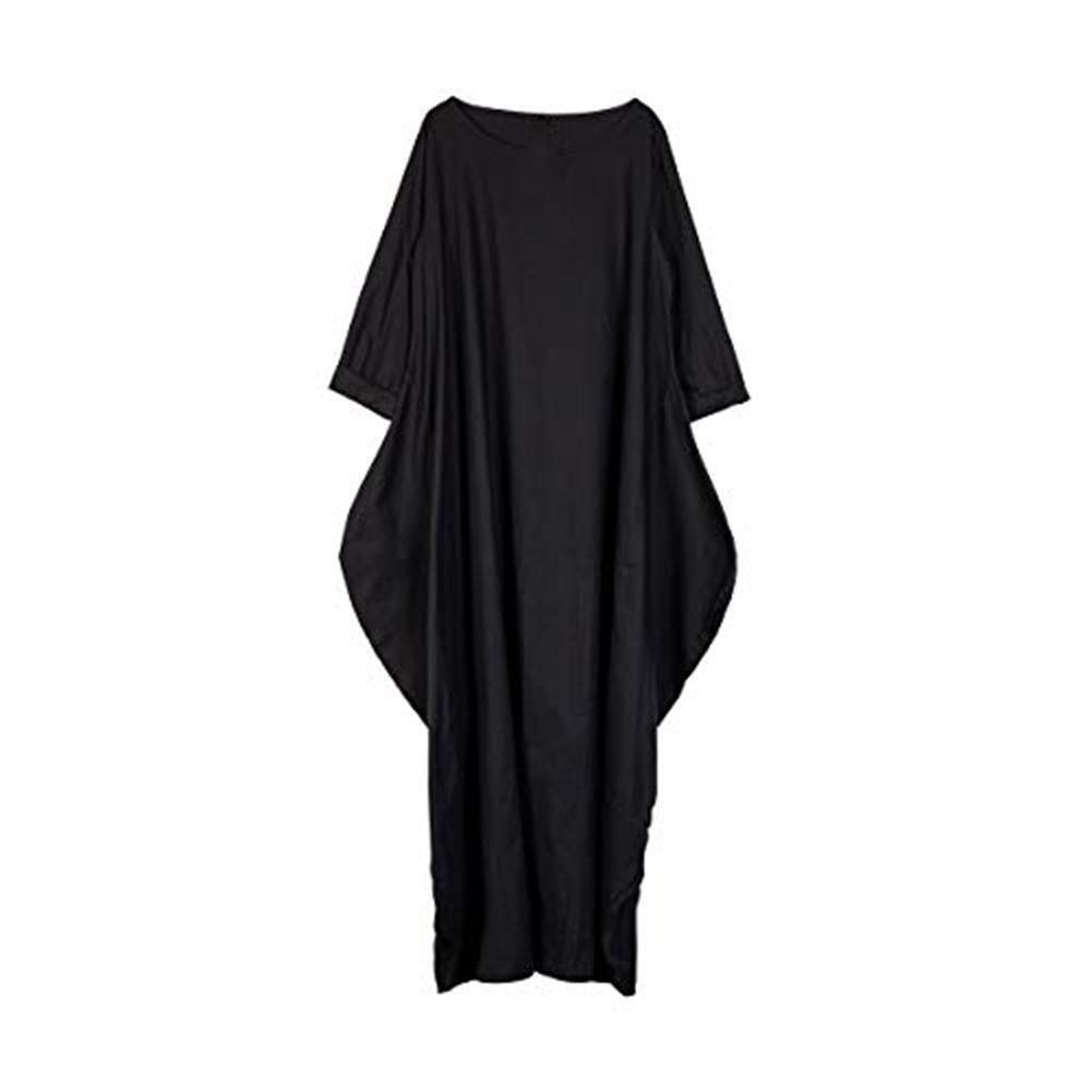 Plus Size Batwing Sleeve Rope Pure Color Linen Women Maxi Dress (Black 2XL)