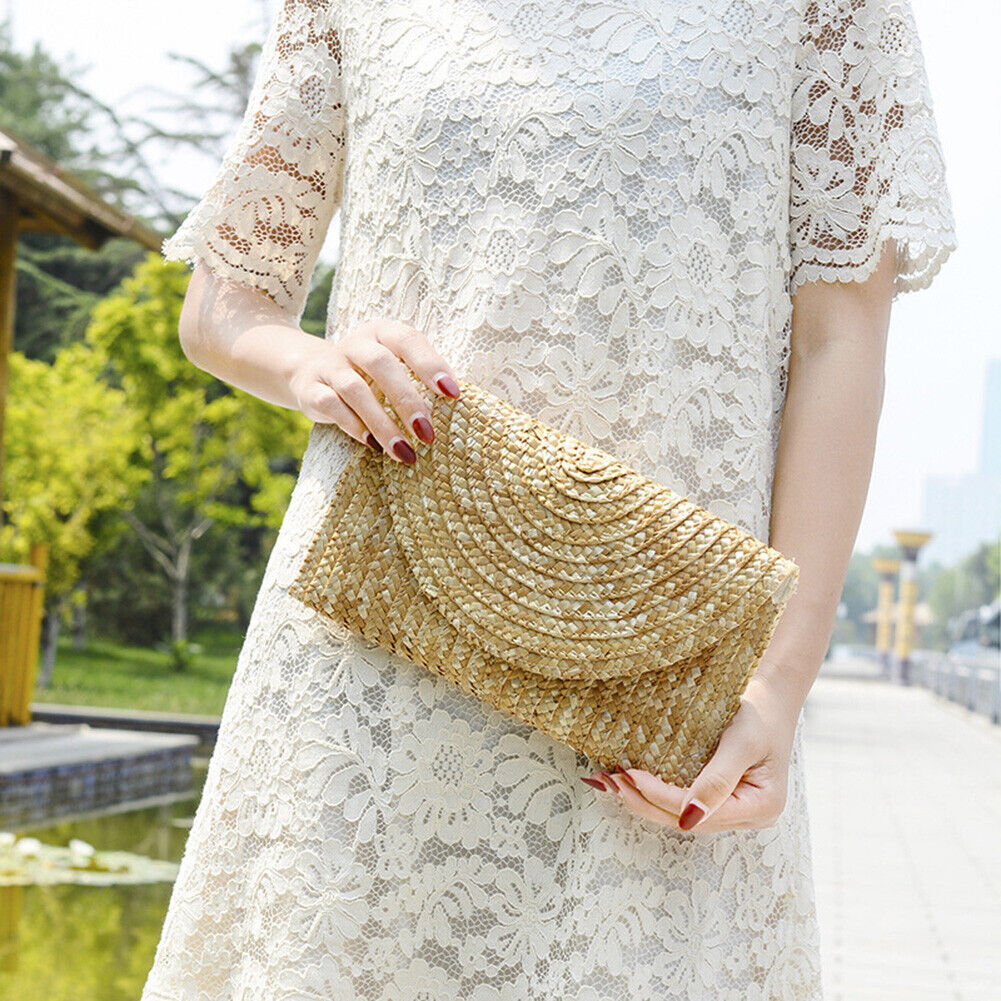 Women Wheat Straw Woven Clutch Bag Handmade Beach Travel Envelope Handbags